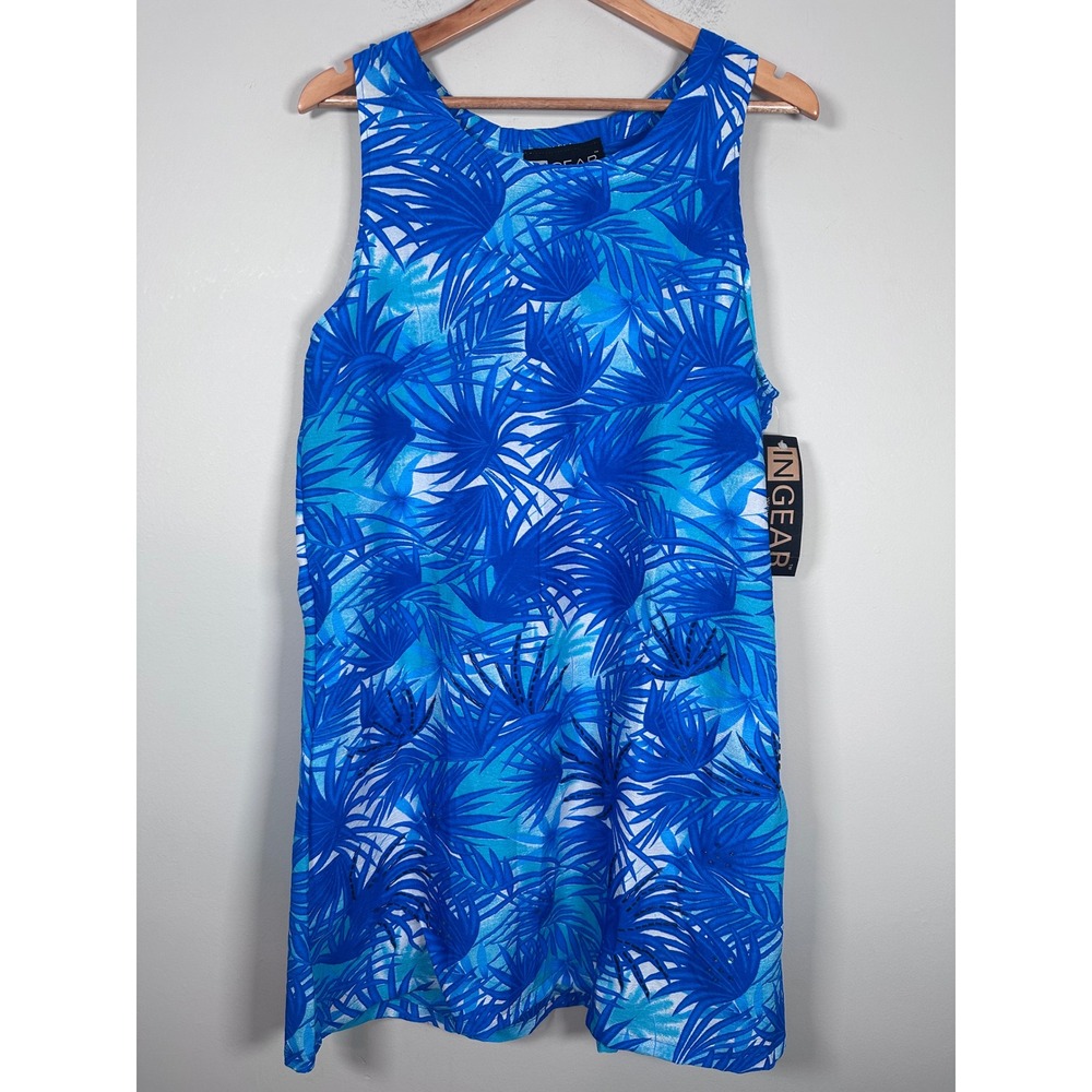 Ingear Tropical Palm Print cover up Dress Womens L Blue Beaded Coastal VTG
